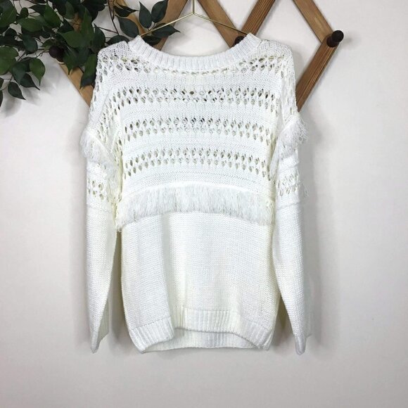 J.O.A Crochet Fringe Openwork Knit Crew Sweater - Picture 2 of 8